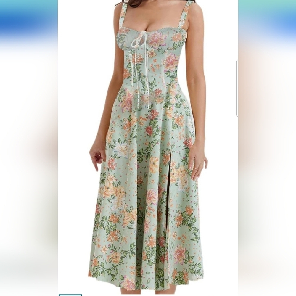 Blue Rose Floral Sleeveless Corset Side Slit Midi Dress Size Large